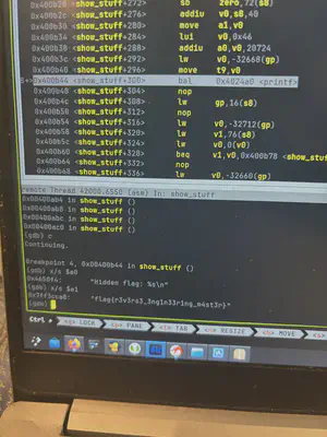 The challenge I solved. Following the ethos I'll mention later of 'reversing only exactly what you need', I just looked through, saw this interesting function name that indicated it would show the flag, and redirected my instruction pointer to this function lol, lucky it didn't use the user input password as a decryption key. I used qiling to emulate the MIPs binary (qemu wasn't working for some reason).